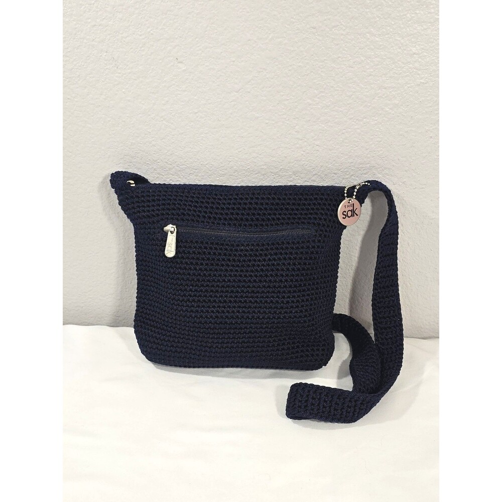 The Sak Navy Crochet Single Handle Small Shoulder Handbag Navy Blue Zip